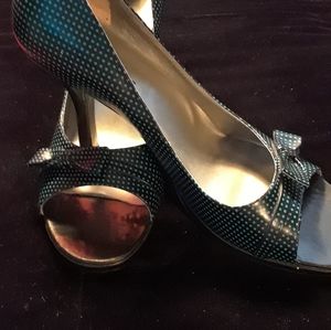 BCBG Girls black with teal polka dot heels.